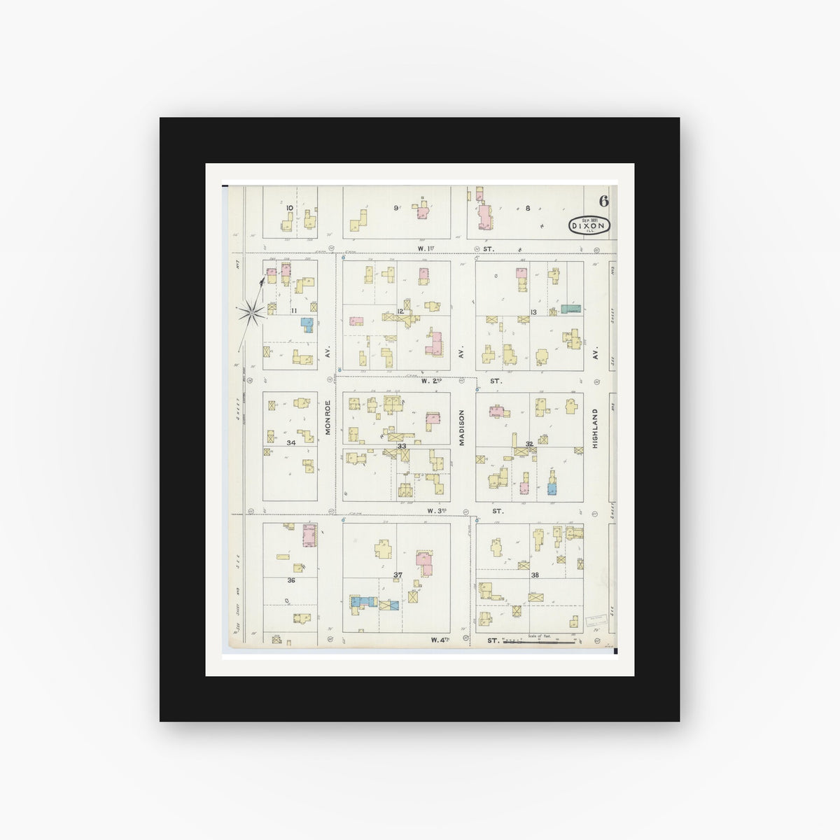 Old map wall art mockup — black gallery frame with white mat — Sanborn Fire Insurance Map from Dixon, Lee County, Illinois (1891), Sheet #0006