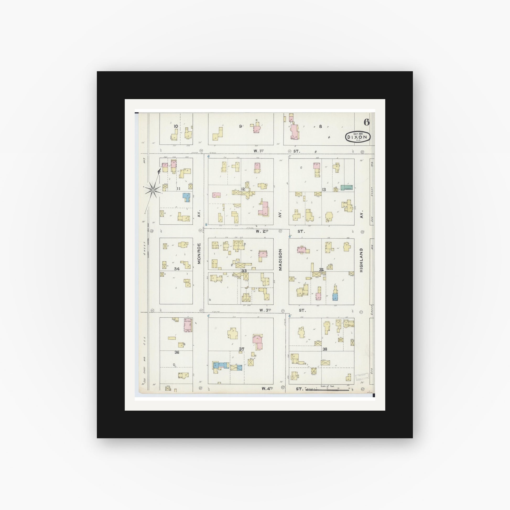 Old map wall art mockup — black gallery frame with white mat — Sanborn Fire Insurance Map from Dixon, Lee County, Illinois (1891), Sheet #0006