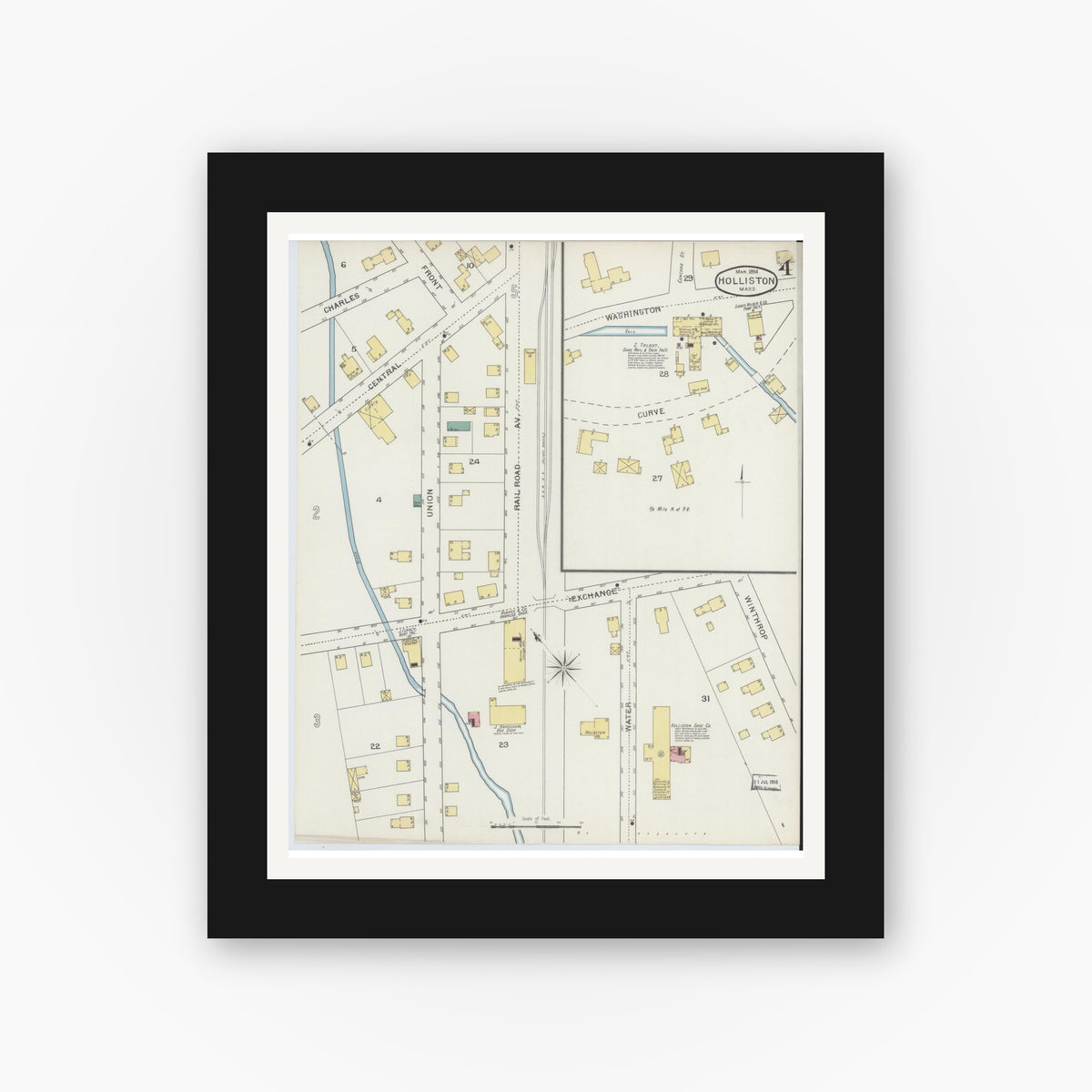 Old map wall art mockup — black gallery frame with white mat — Sanborn Fire Insurance Map from Holliston, Middlesex County, Massachusetts (1894), Sheet #0004