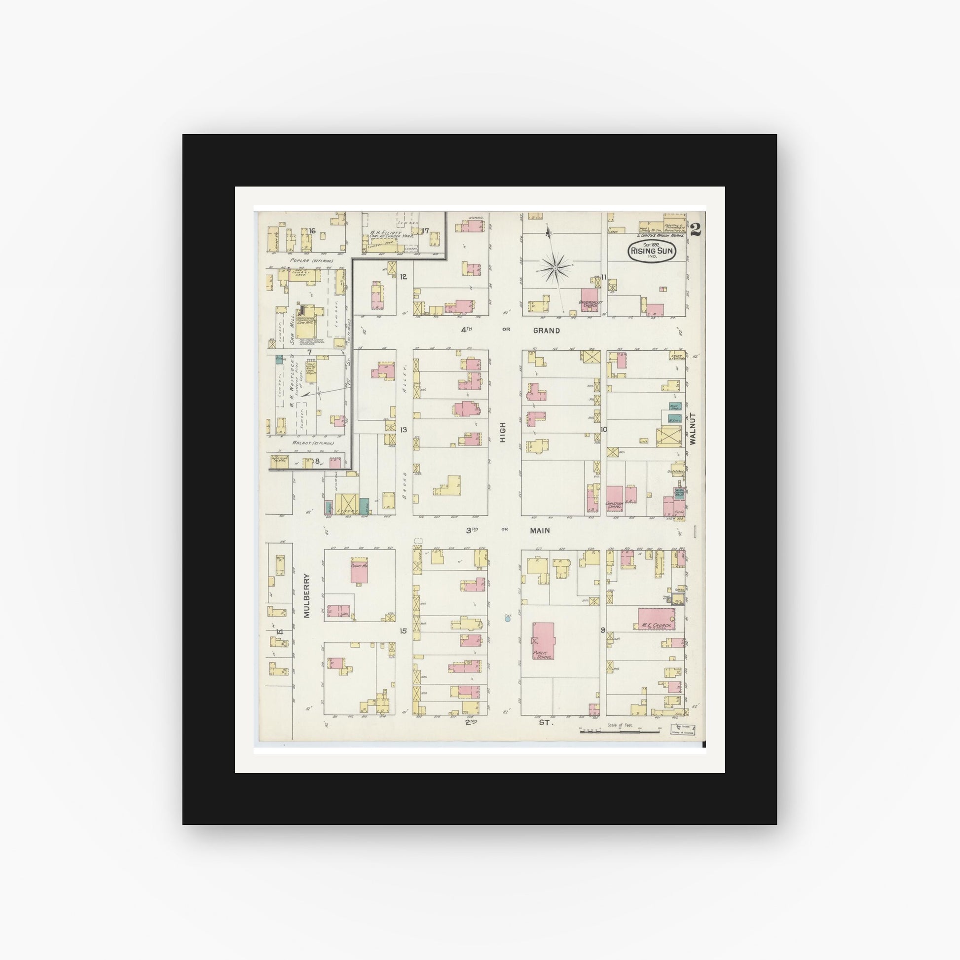 Old map wall art mockup — black gallery frame with white mat — Sanborn Fire Insurance Map from Rising Sun, Ohio County, Indiana (1892), Sheet #0002