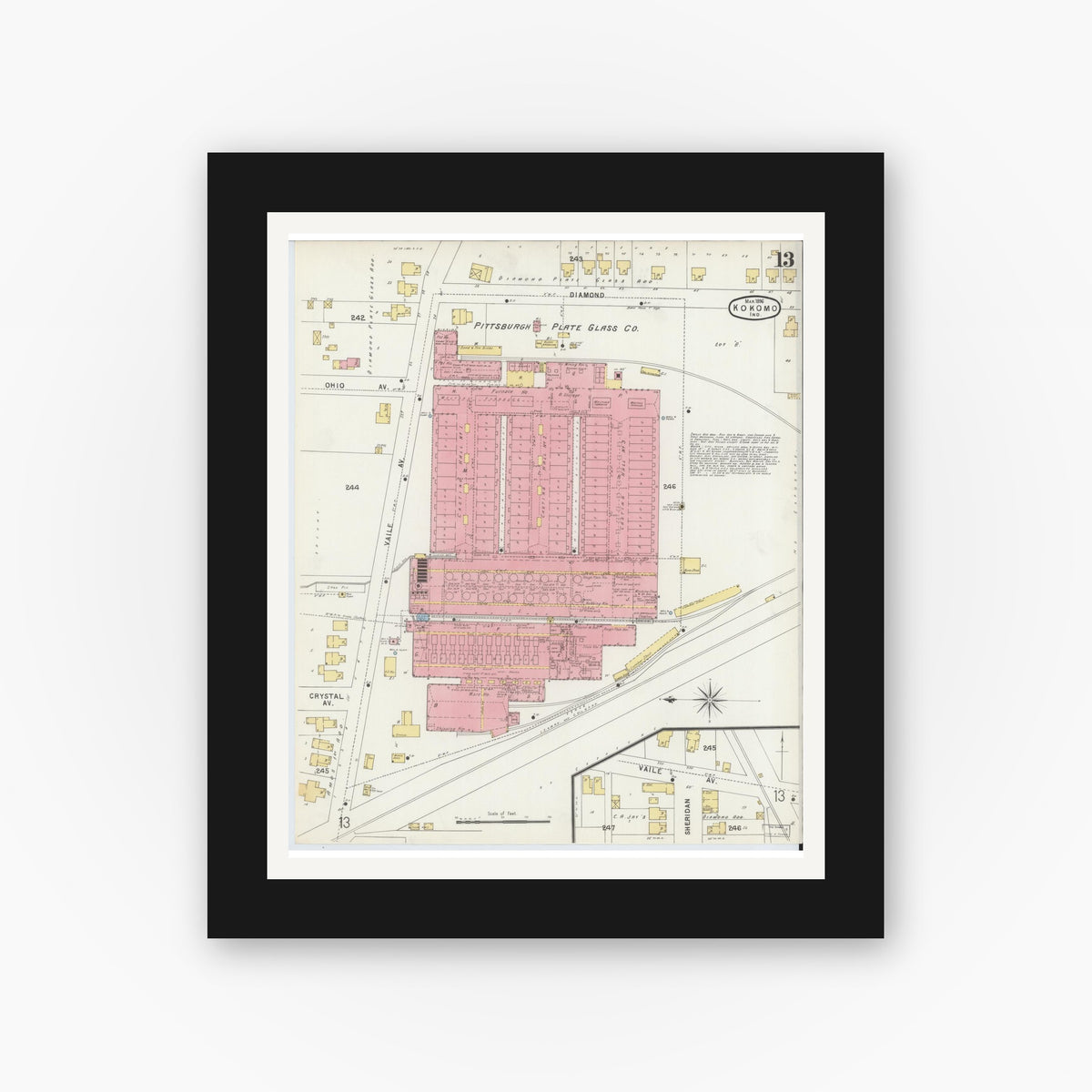 Old map wall art mockup — black gallery frame with white mat — Sanborn Fire Insurance Map from Kokomo, Howard County, Indiana (1896), Sheet #0013