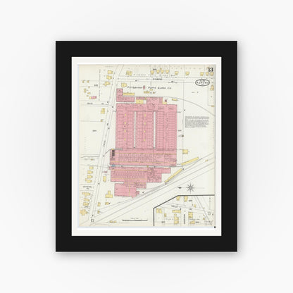 Old map wall art mockup — black gallery frame with white mat — Sanborn Fire Insurance Map from Kokomo, Howard County, Indiana (1896), Sheet #0013