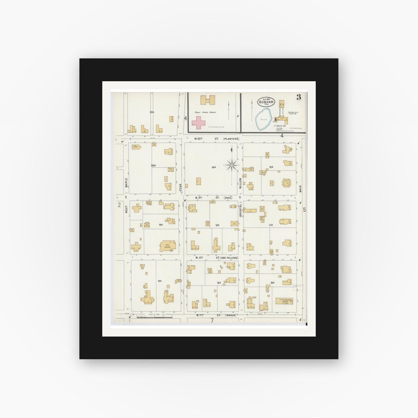 Old map wall art mockup — black gallery frame with white mat — Sanborn Fire Insurance Map from Bonham, Fannin County, Texas (1897), Sheet #0003