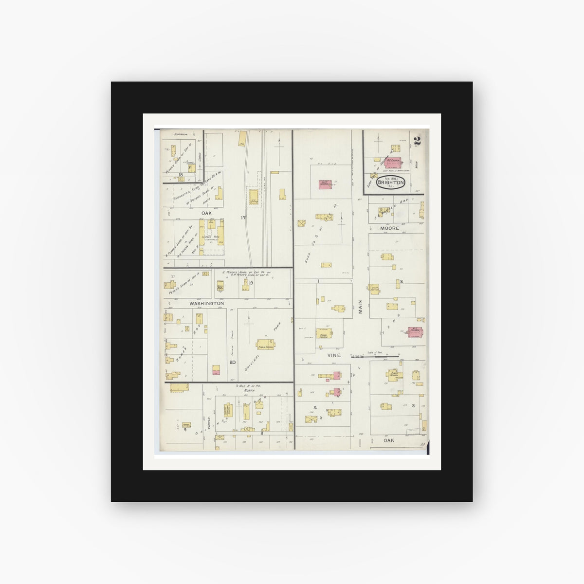 Old map wall art mockup — black gallery frame with white mat — Sanborn Fire Insurance Map from Brighton, Macoupin County, Illinois (1894), Sheet #0002