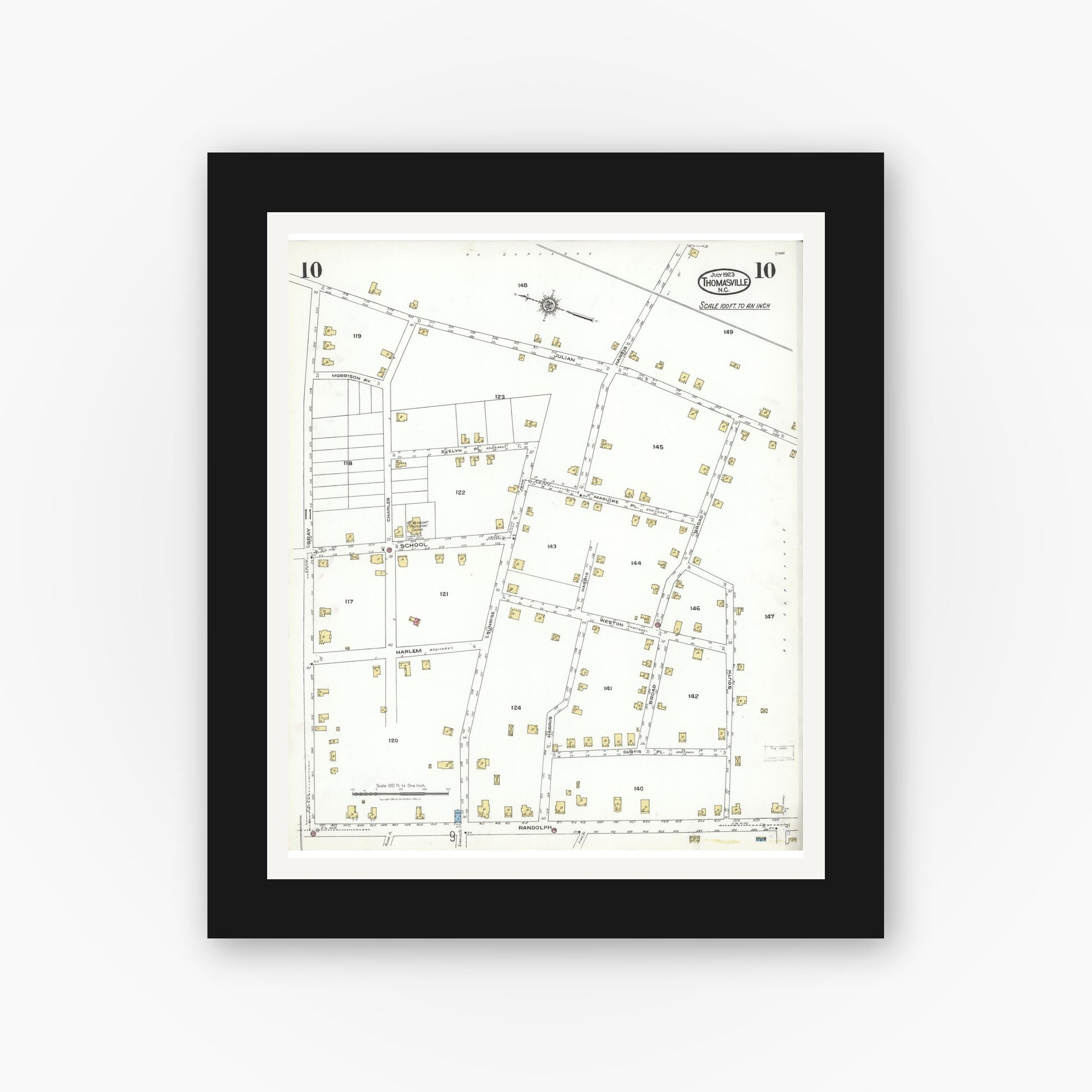 Old map wall art mockup — black gallery frame with white mat — Sanborn Fire Insurance Map from Thomasville, Davidson County, North Carolina (1923), Sheet #0010