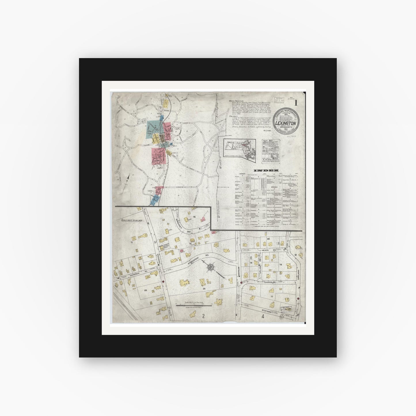 Old map wall art mockup — black gallery frame with white mat — Sanborn Fire Insurance Map from Lexington, Middlesex County, Massachusetts (1918), Sheet #0001