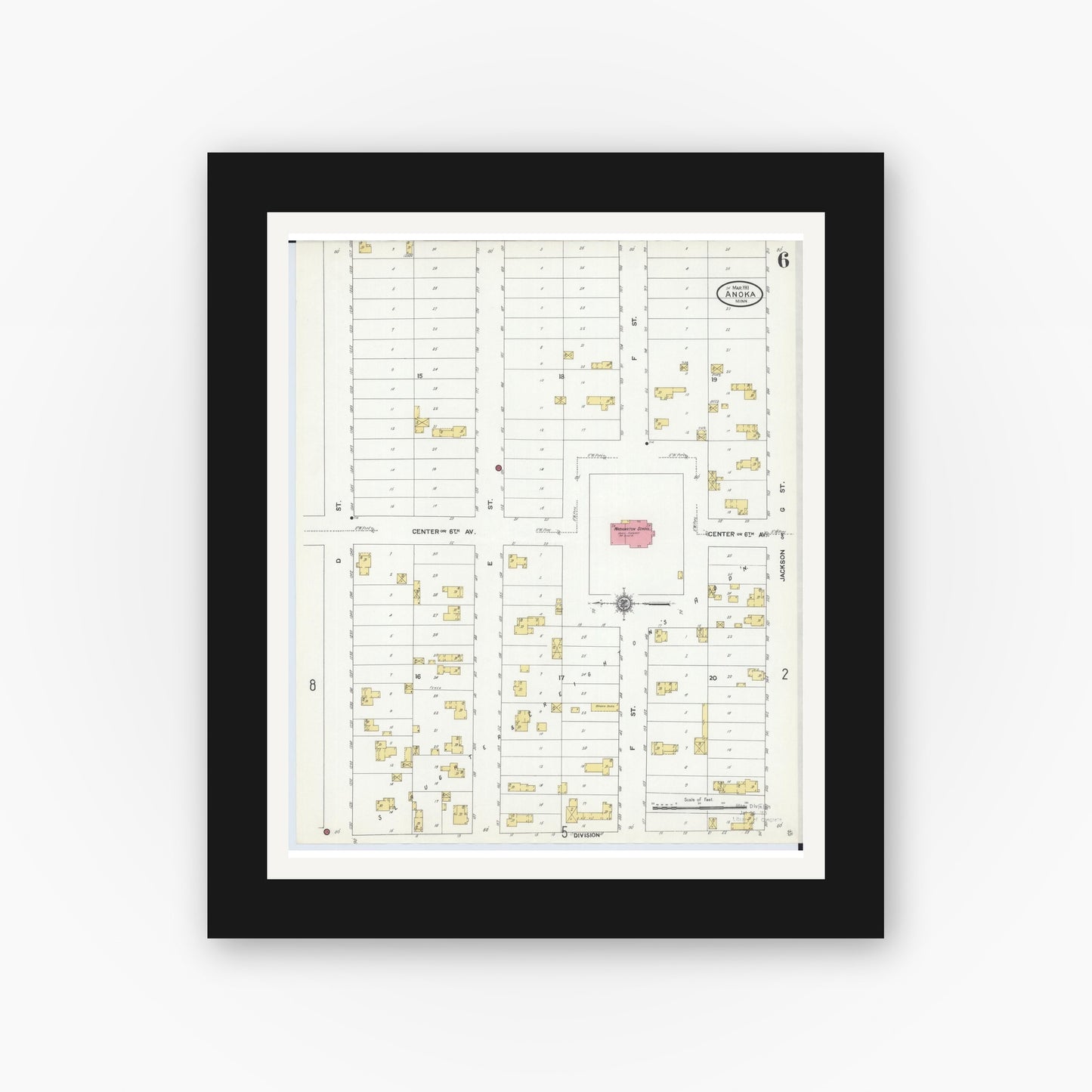 Old map wall art mockup — black gallery frame with white mat — Sanborn Fire Insurance Map from Anoka, Anoka County, Minnesota (1911), Sheet #0006
