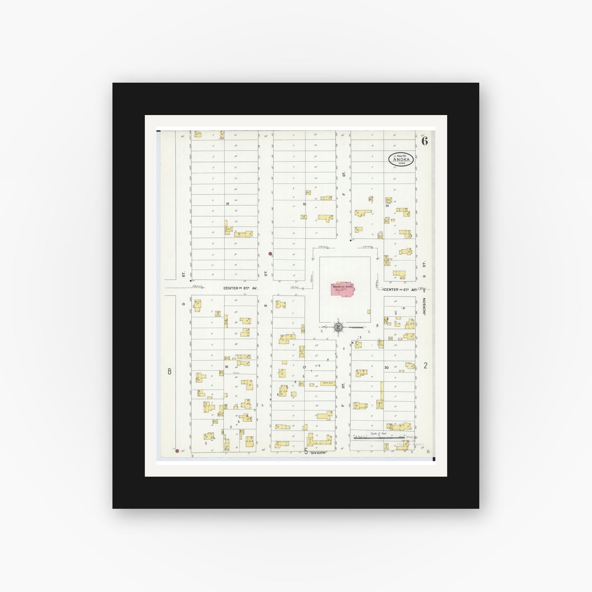 Old map wall art mockup — black gallery frame with white mat — Sanborn Fire Insurance Map from Anoka, Anoka County, Minnesota (1911), Sheet #0006