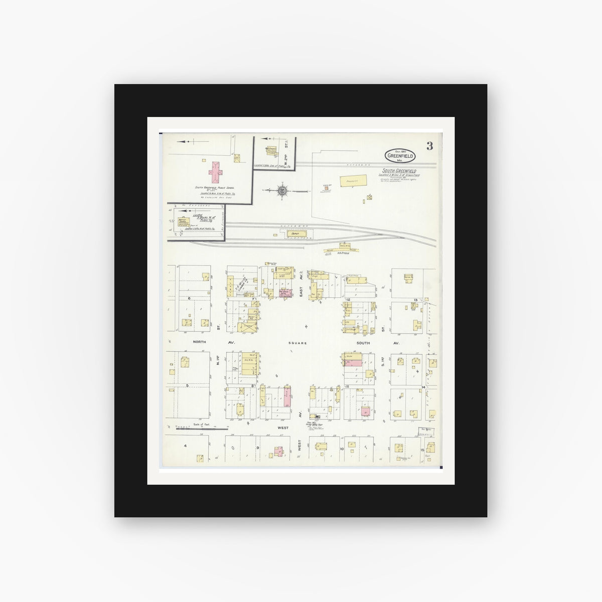 Old map wall art mockup — black gallery frame with white mat — Sanborn Fire Insurance Map from Greenfield, Dade County, Missouri (1910), Sheet #0003