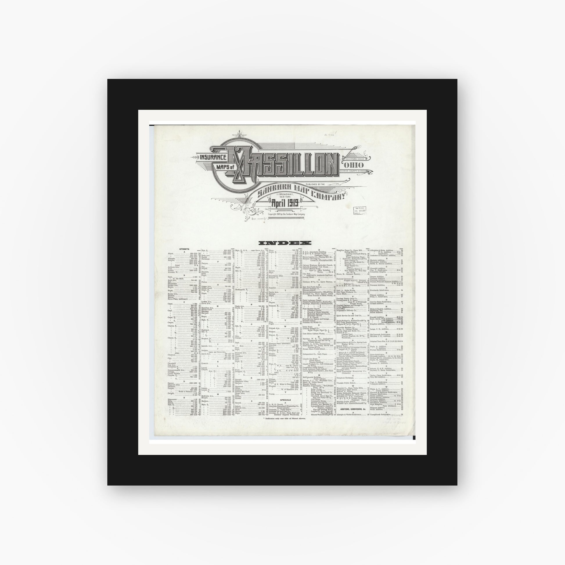Old map wall art mockup — black gallery frame with white mat — Sanborn Fire Insurance Map from Massillon, Stark County, Ohio (1919), Sheet #0001