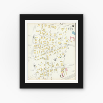 Old map wall art mockup — black gallery frame with white mat — Sanborn Fire Insurance Map from Waltham, Middlesex County, Massachusetts (1903), Sheet #0012