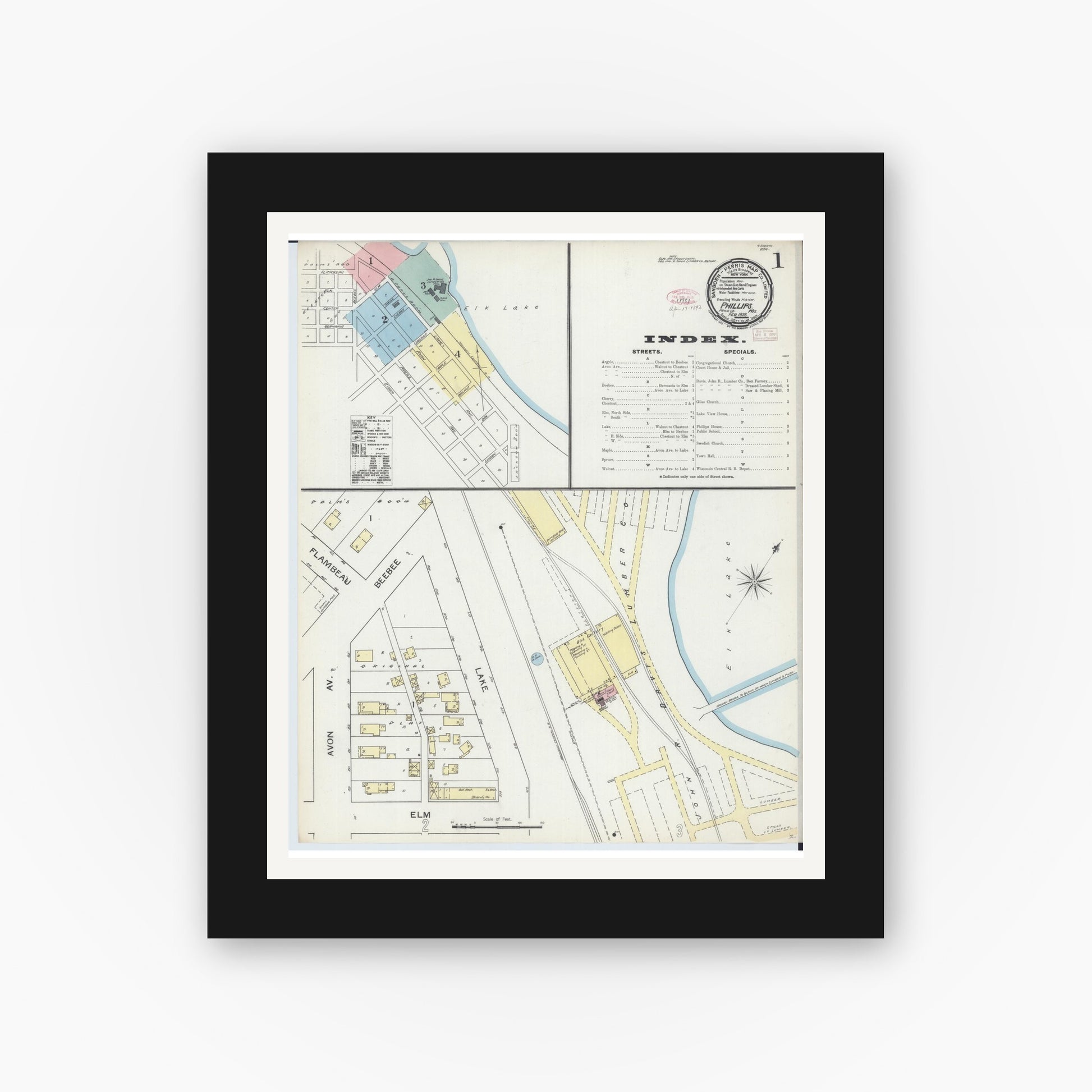 Old map wall art mockup — black gallery frame with white mat — Sanborn Fire Insurance Map from Phillips, Price County, Wisconsin (1893), Sheet #0001