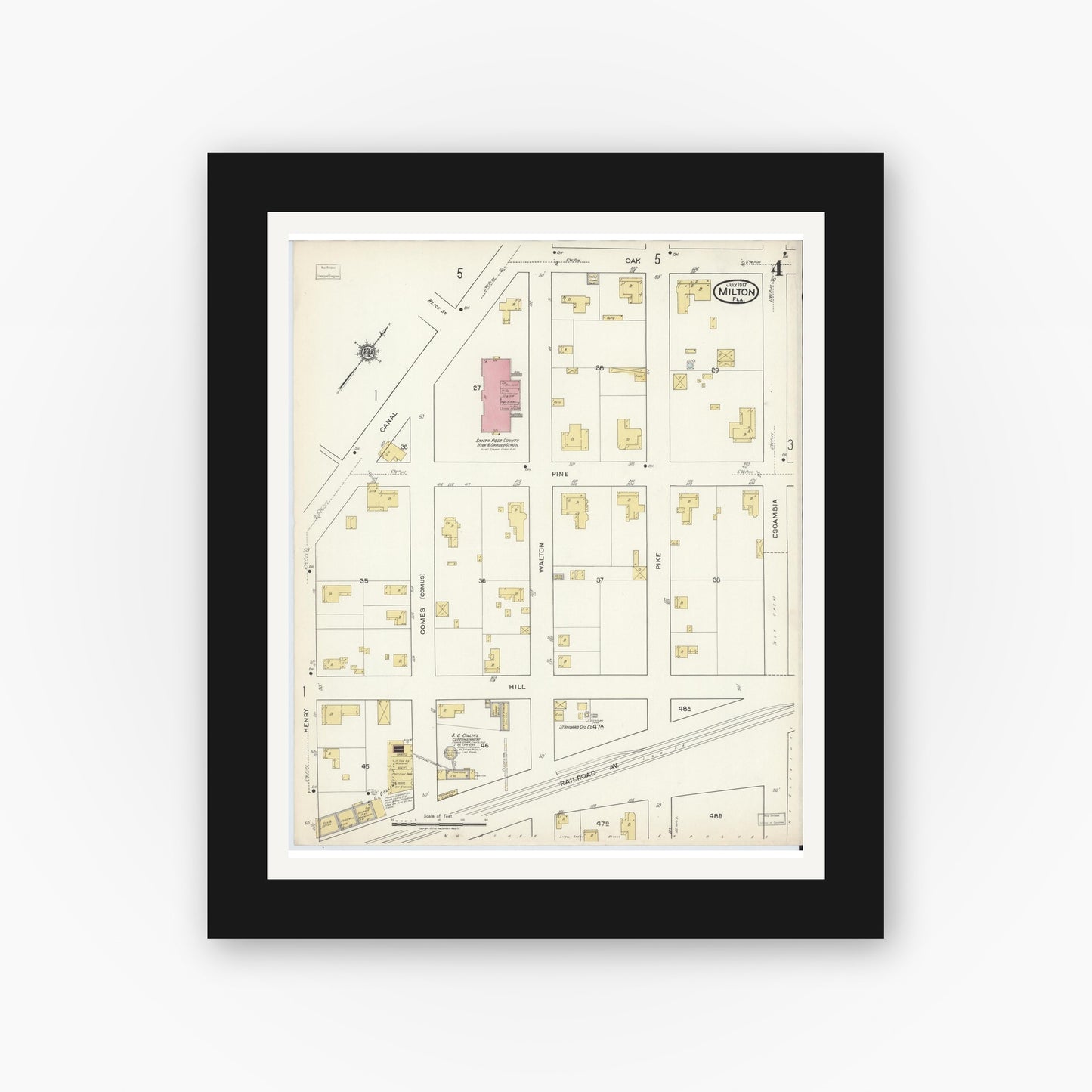 Old map wall art mockup — black gallery frame with white mat — Sanborn Fire Insurance Map from Milton, Santa Rosa County, Florida (1917), Sheet #0004