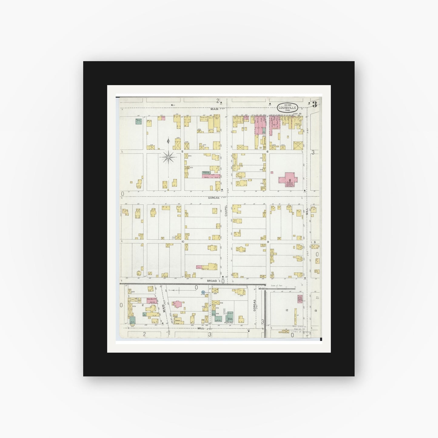 Old map wall art mockup — black gallery frame with white mat — Sanborn Fire Insurance Map from Louisville, Stark County, Ohio (1901), Sheet #0003