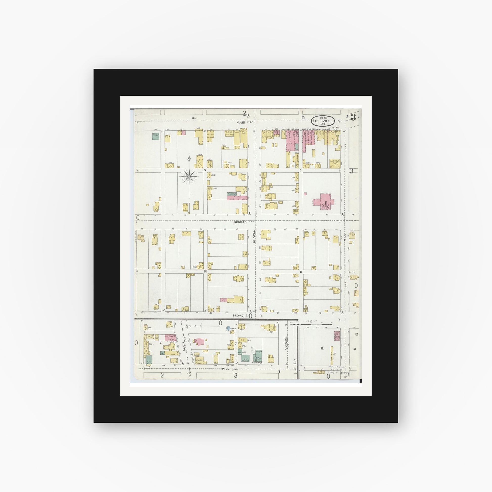 Old map wall art mockup — black gallery frame with white mat — Sanborn Fire Insurance Map from Louisville, Stark County, Ohio (1901), Sheet #0003