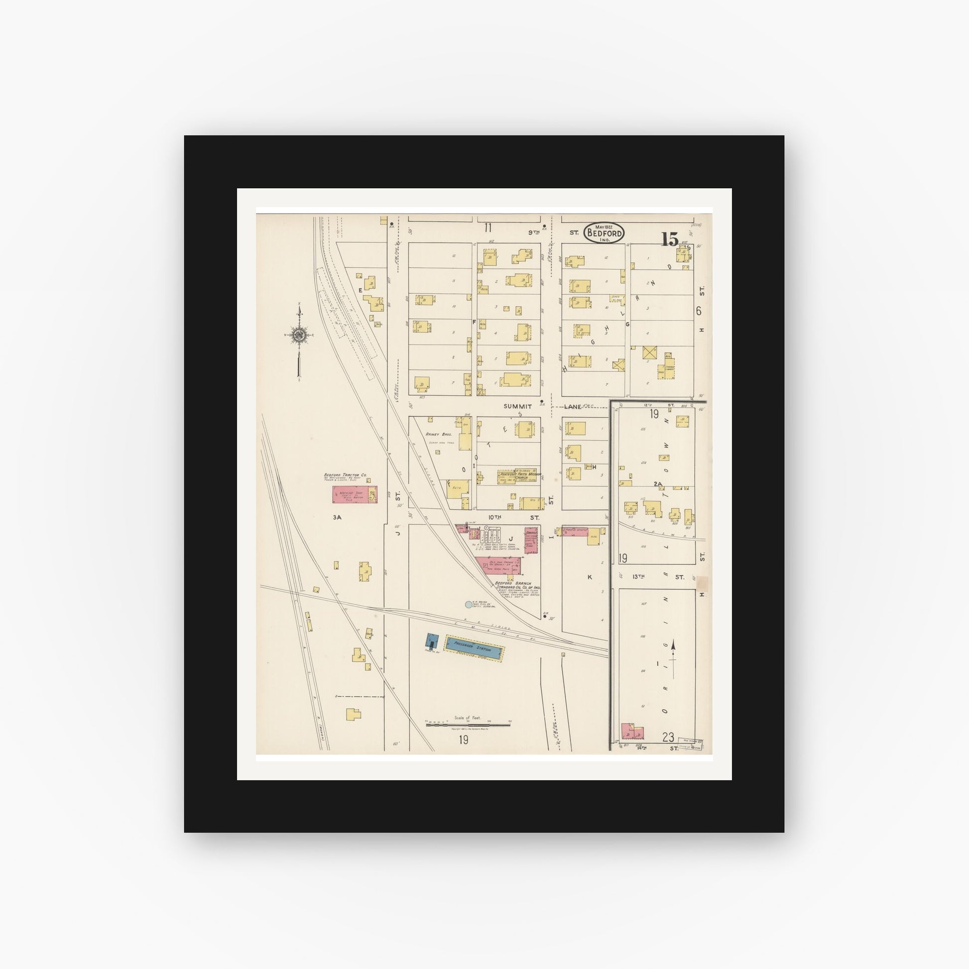 Old map wall art mockup — black gallery frame with white mat — Sanborn Fire Insurance Map from Bedford, Lawrence County, Indiana (1922), Sheet #0015