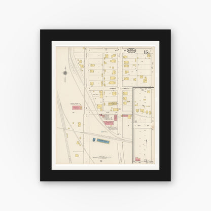 Old map wall art mockup — black gallery frame with white mat — Sanborn Fire Insurance Map from Bedford, Lawrence County, Indiana (1922), Sheet #0015