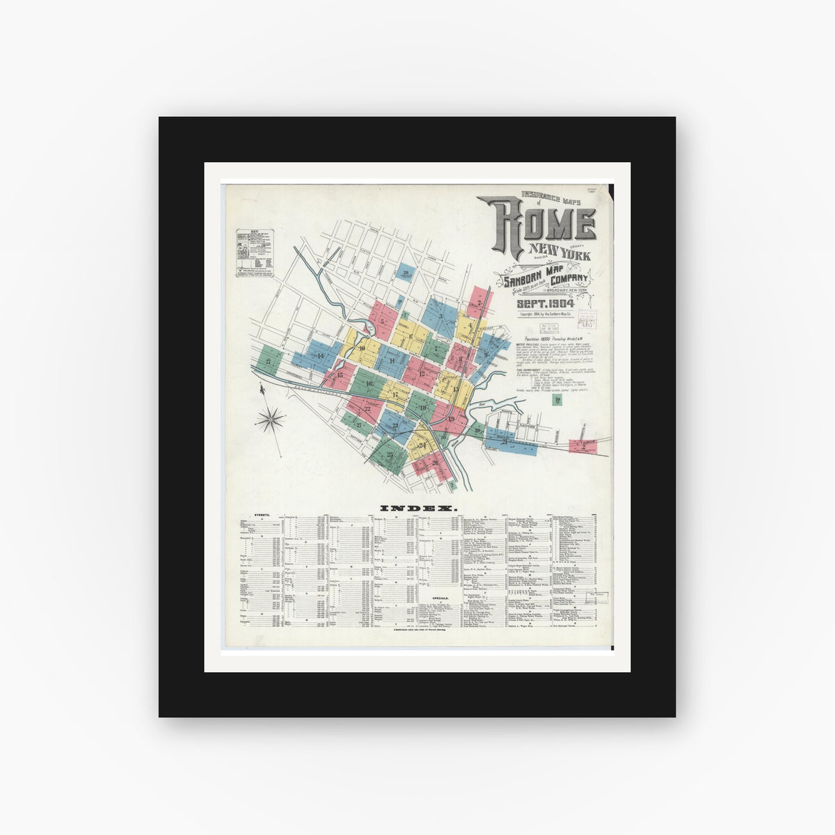 Old map wall art mockup — black gallery frame with white mat — Sanborn Fire Insurance Map from Rome, Oneida County, New York (1904) - Complete Map Set