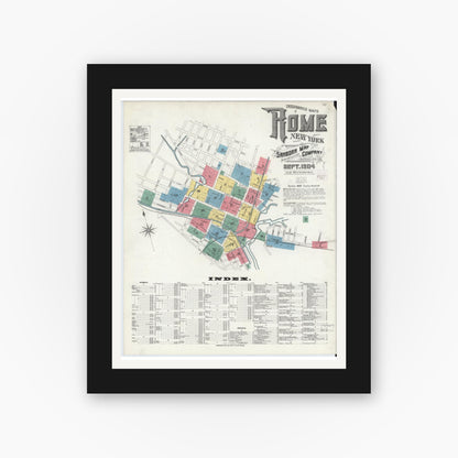 Old map wall art mockup — black gallery frame with white mat — Sanborn Fire Insurance Map from Rome, Oneida County, New York (1904) - Complete Map Set