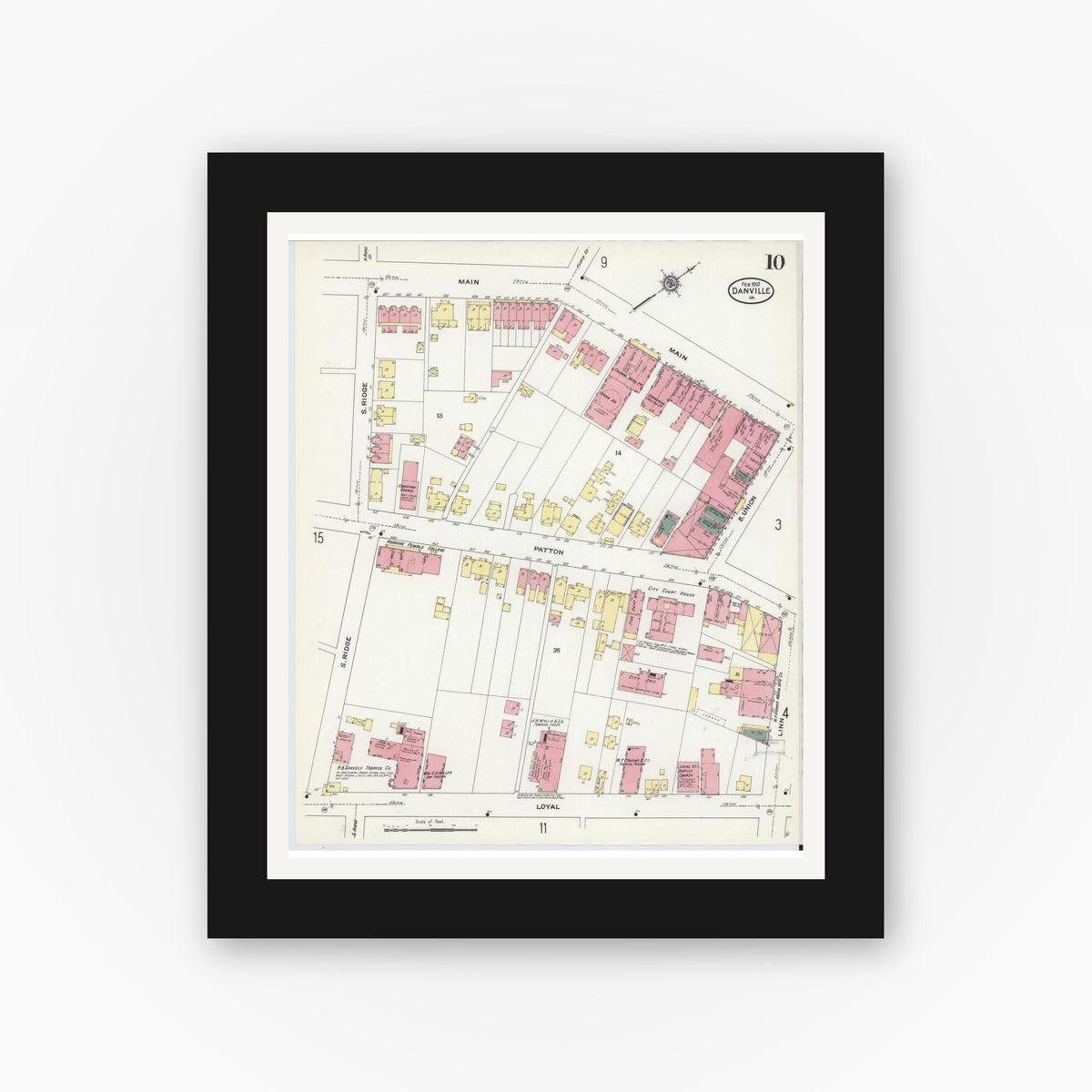 Old map wall art mockup — black gallery frame with white mat — Sanborn Fire Insurance Map from Danville, Independent Cities, Virginia (1910), Sheet #0010