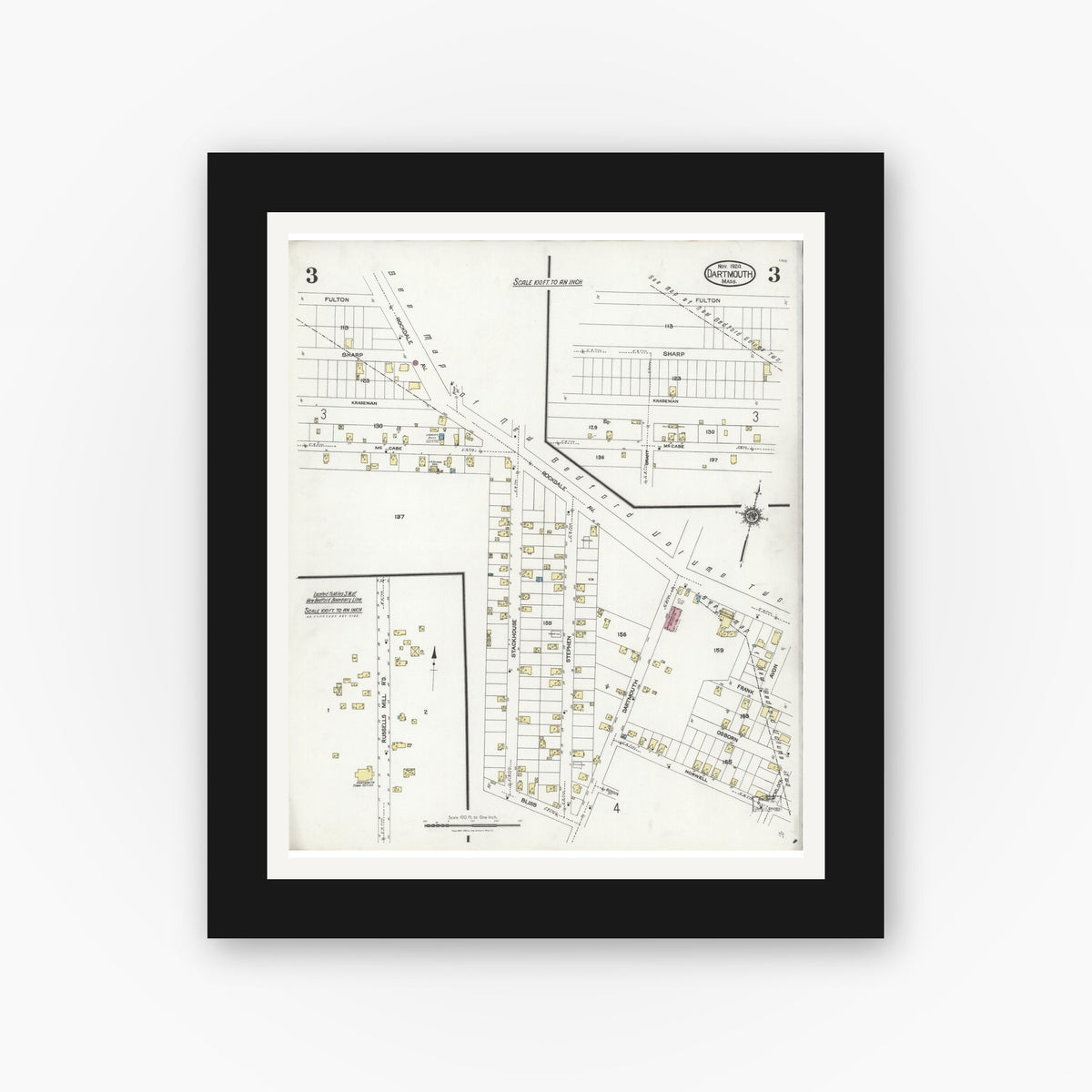 Old map wall art mockup — black gallery frame with white mat — Sanborn Fire Insurance Map from Dartmouth, Bristol County, Massachusetts (1924), Sheet #0003