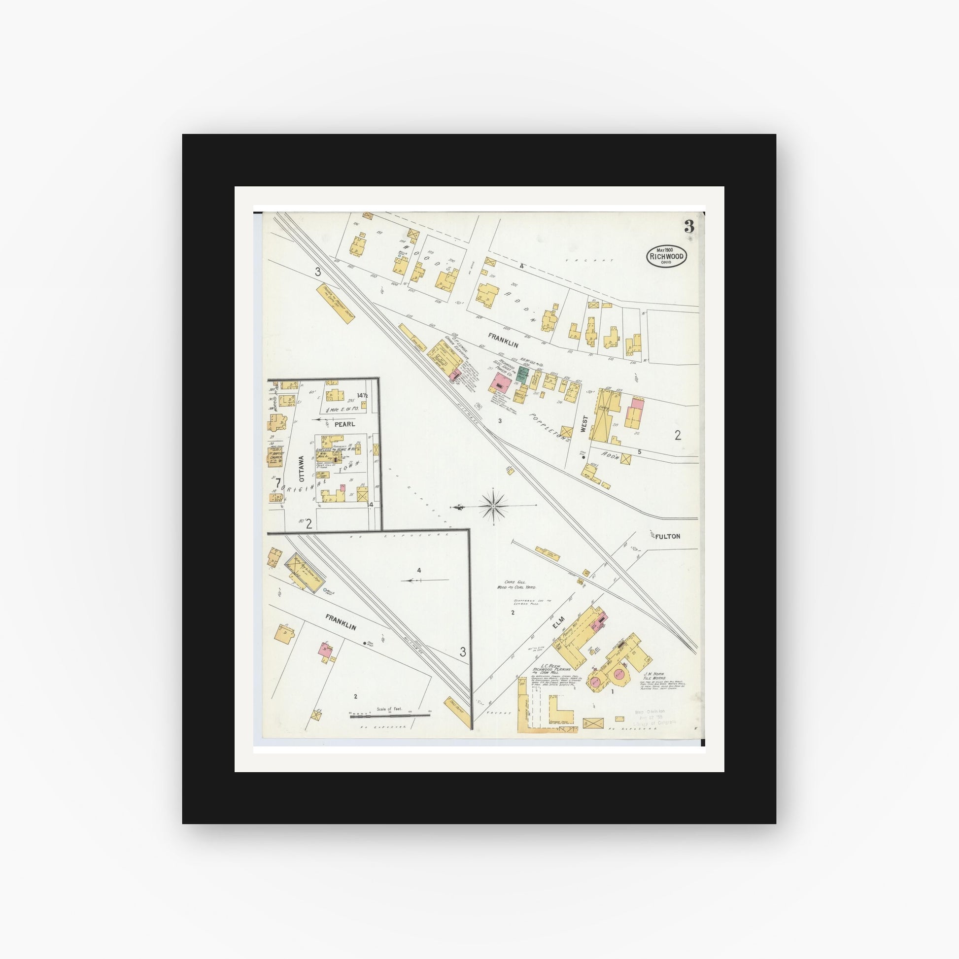 Old map wall art mockup — black gallery frame with white mat — Sanborn Fire Insurance Map from Richwood, Union County, Ohio (1900), Sheet #0003