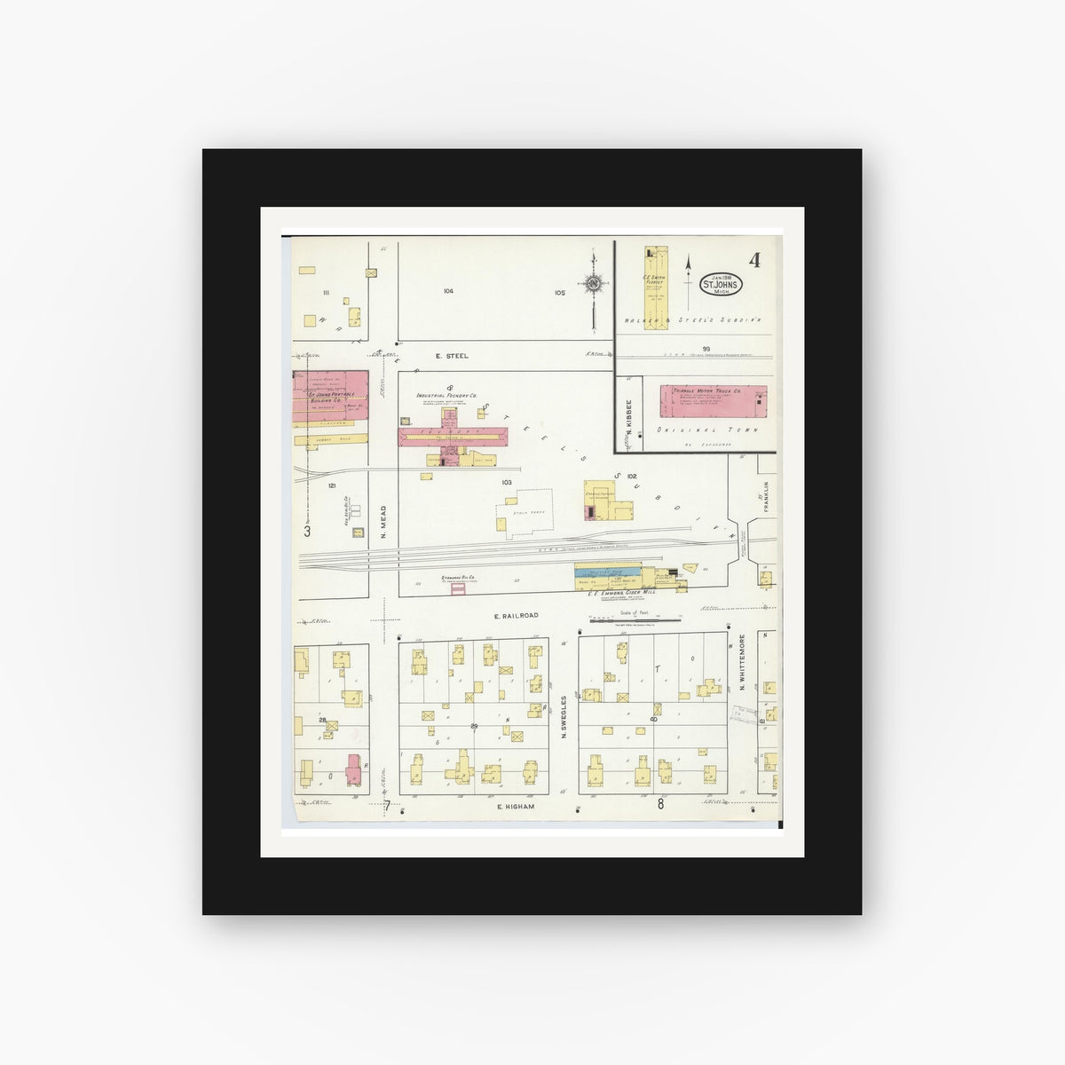 Old map wall art mockup — black gallery frame with white mat — Sanborn Fire Insurance Map from Saint Johns, Clinton County, Michigan (1918), Sheet #0004