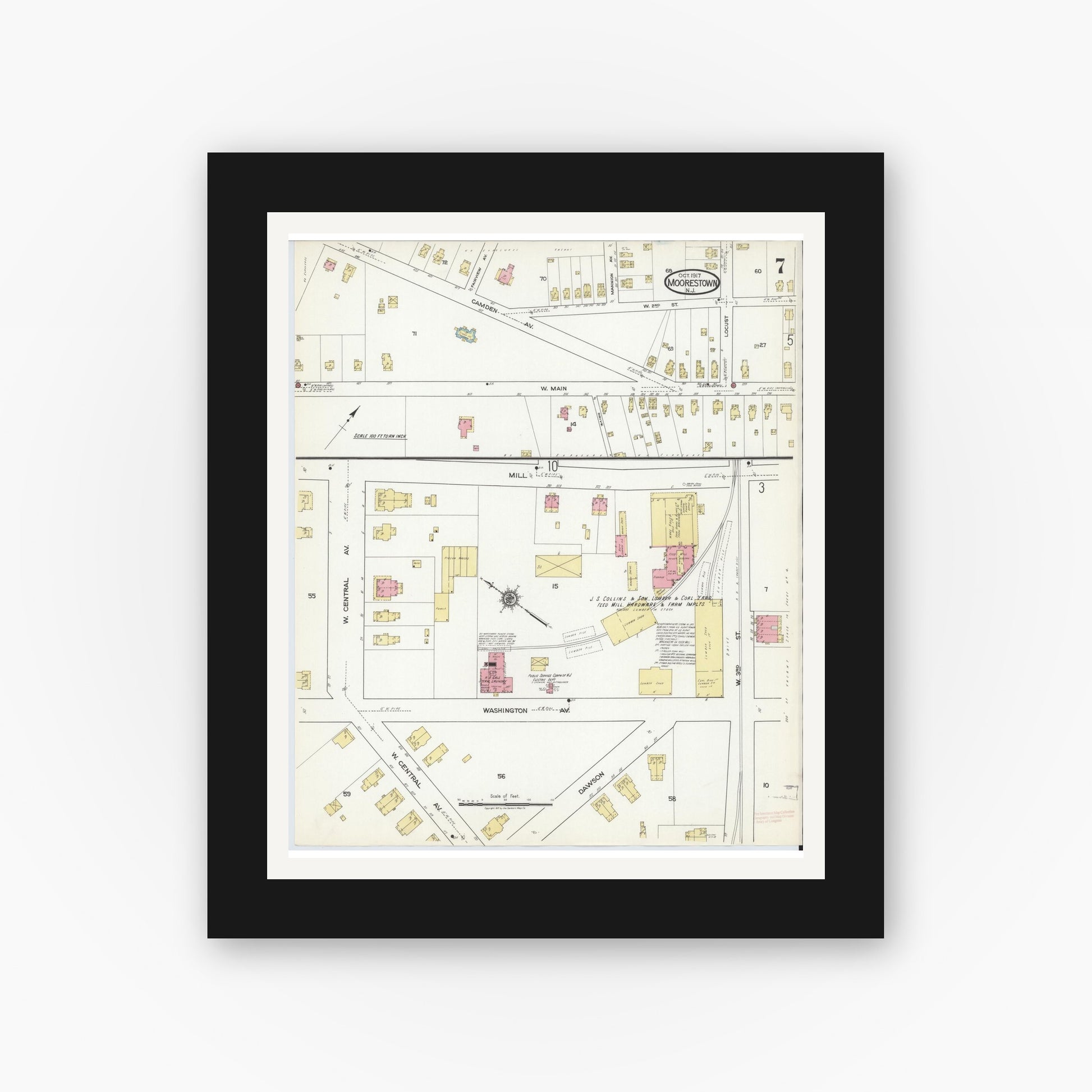 Old map wall art mockup — black gallery frame with white mat — Sanborn Fire Insurance Map from Moorestown, Burlington County, New Jersey (1917), Sheet #0007