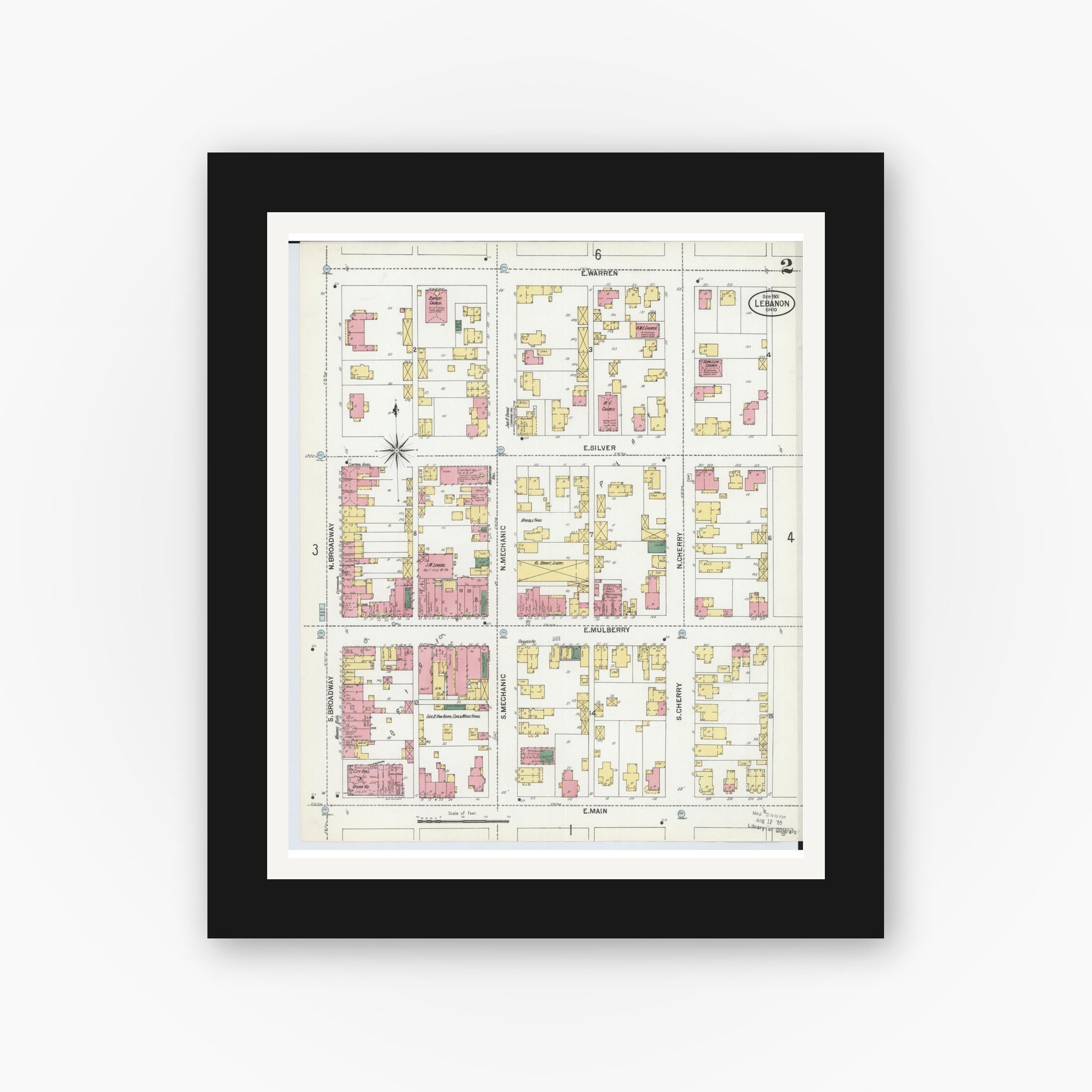 Old map wall art mockup — black gallery frame with white mat — Sanborn Fire Insurance Map from Lebanon, Warren County, Ohio (1901), Sheet #0002