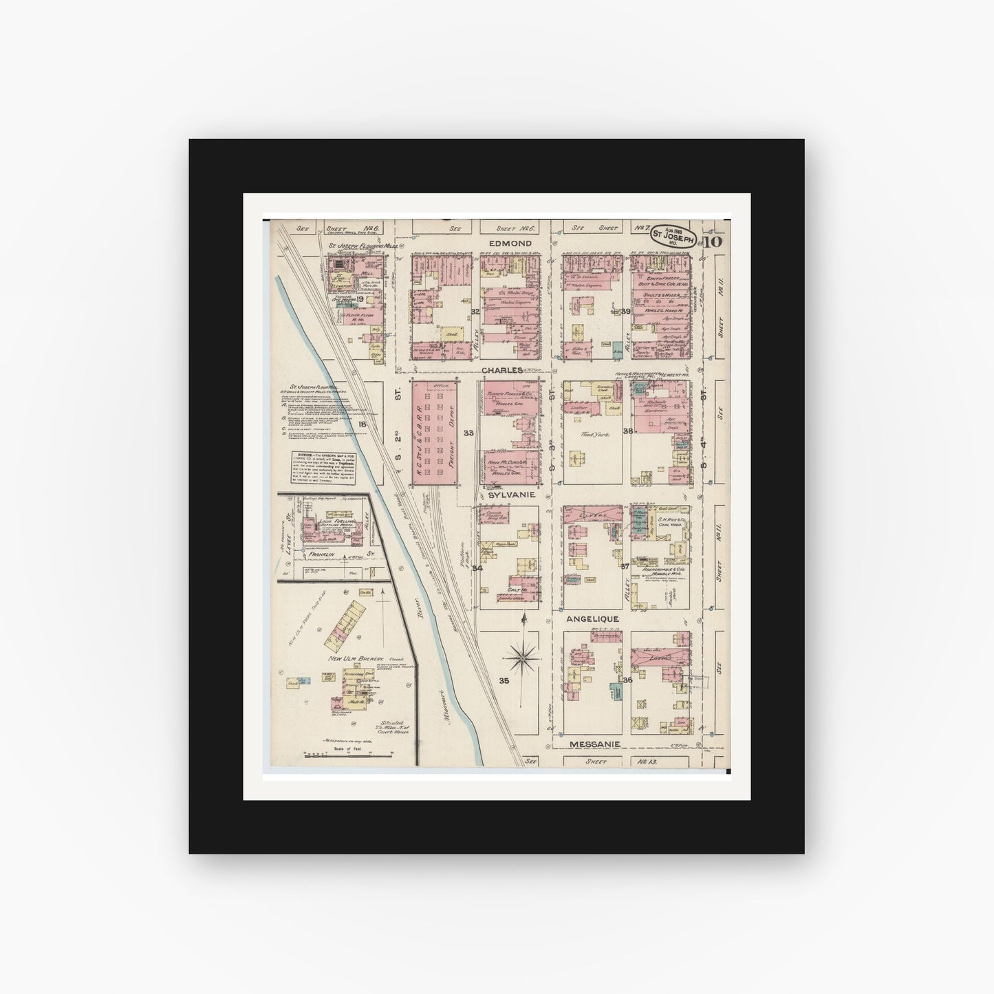 Old map wall art mockup — black gallery frame with white mat — Sanborn Fire Insurance Map from Saint Joseph, Buchanan County, Missouri (1883), Sheet #0010