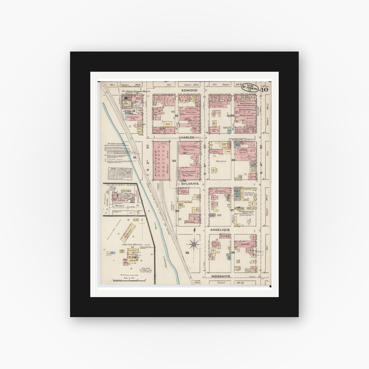 Old map wall art mockup — black gallery frame with white mat — Sanborn Fire Insurance Map from Saint Joseph, Buchanan County, Missouri (1883), Sheet #0010