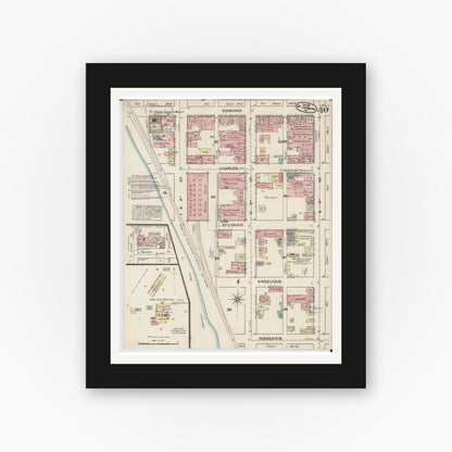 Old map wall art mockup — black gallery frame with white mat — Sanborn Fire Insurance Map from Saint Joseph, Buchanan County, Missouri (1883), Sheet #0010