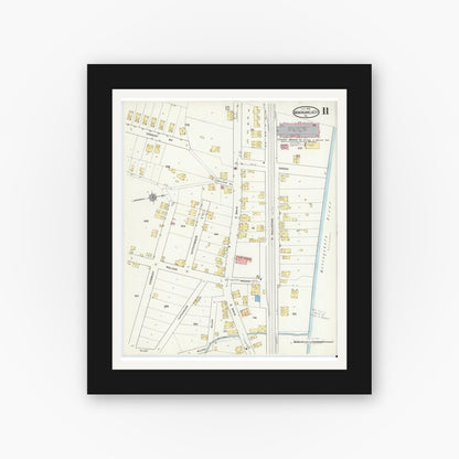 Old map wall art mockup — black gallery frame with white mat — Sanborn Fire Insurance Map from Monongahela City, Washington County, Pennsylvania (1918), Sheet #0011
