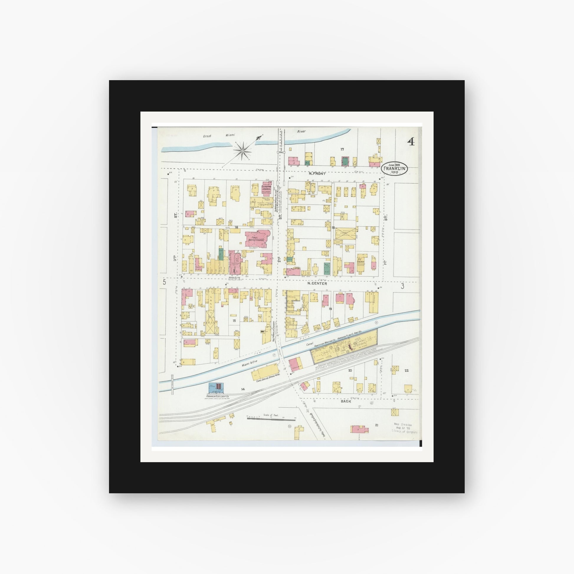 Old map wall art mockup — black gallery frame with white mat — Sanborn Fire Insurance Map from Franklin, Warren County, Ohio (1905), Sheet #0004