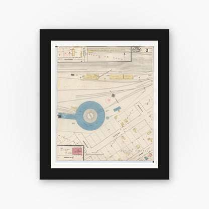 Old map wall art mockup — black gallery frame with white mat — Sanborn Fire Insurance Map from Durand, Shiawassee County, Michigan (1944), Sheet #0002