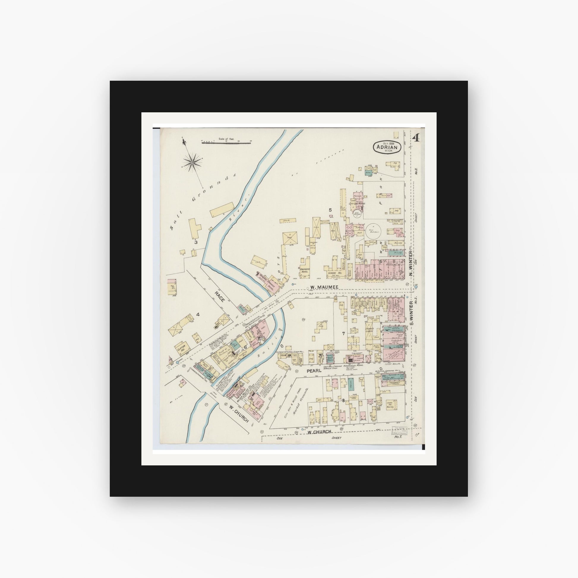 Old map wall art mockup — black gallery frame with white mat — Sanborn Fire Insurance Map from Adrian, Lenawee County, Michigan (1888), Sheet #0004