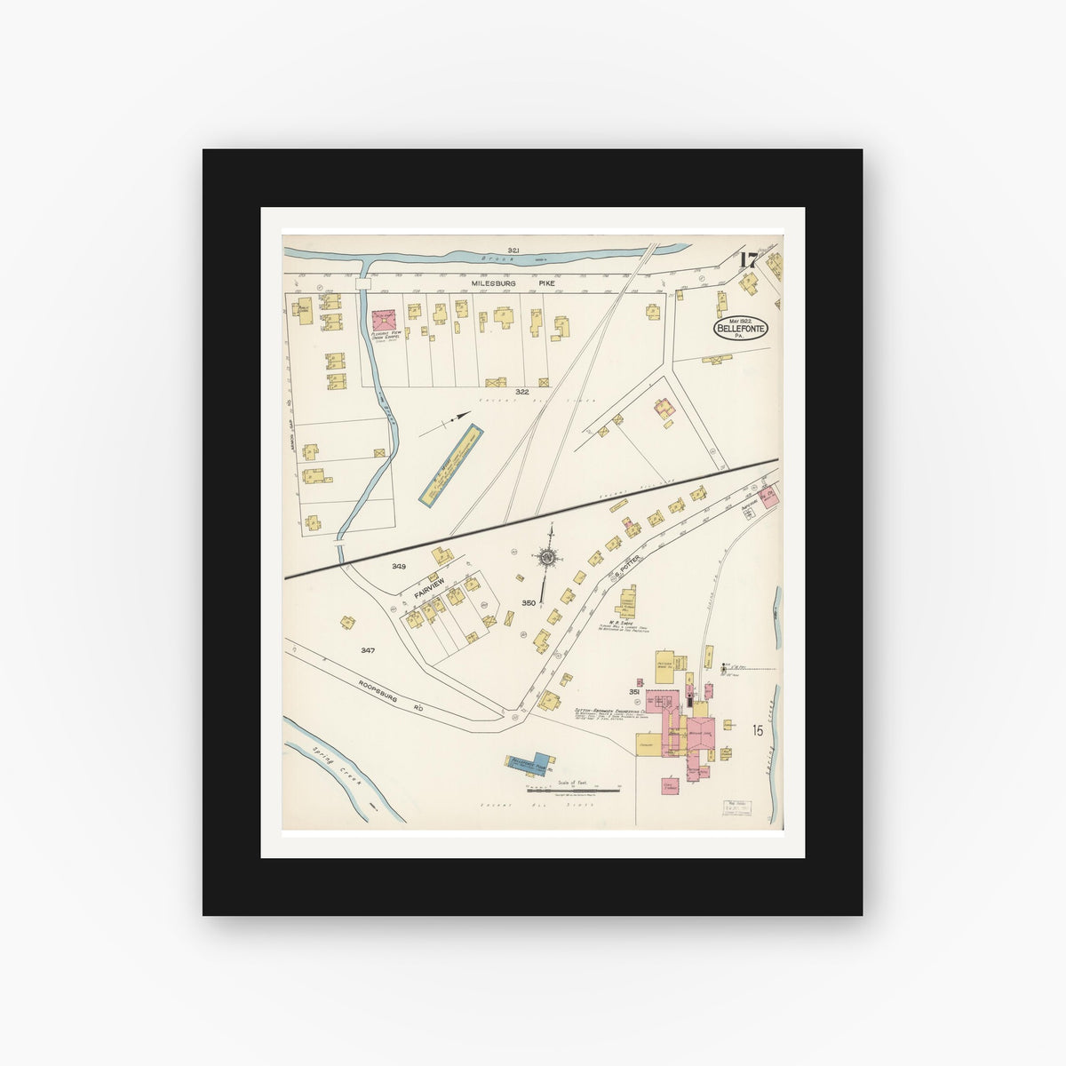 Old map wall art mockup — black gallery frame with white mat — Sanborn Fire Insurance Map from Bellefonte, Centre County, Pennsylvania (1922), Sheet #0017