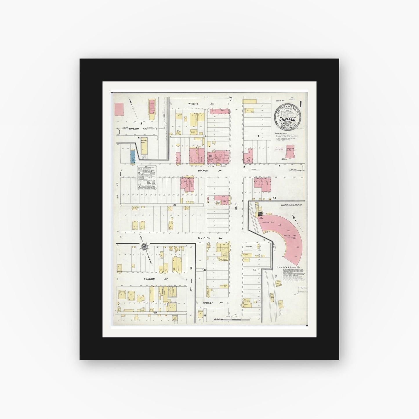 Old map wall art mockup — black gallery frame with white mat — Sanborn Fire Insurance Map from Chaffee, Scott County, Missouri (1911) - Complete Map Set