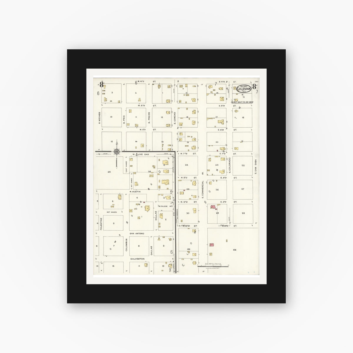 Old map wall art mockup — black gallery frame with white mat — Sanborn Fire Insurance Map from Coleman, Coleman County, Texas (1923), Sheet #0008