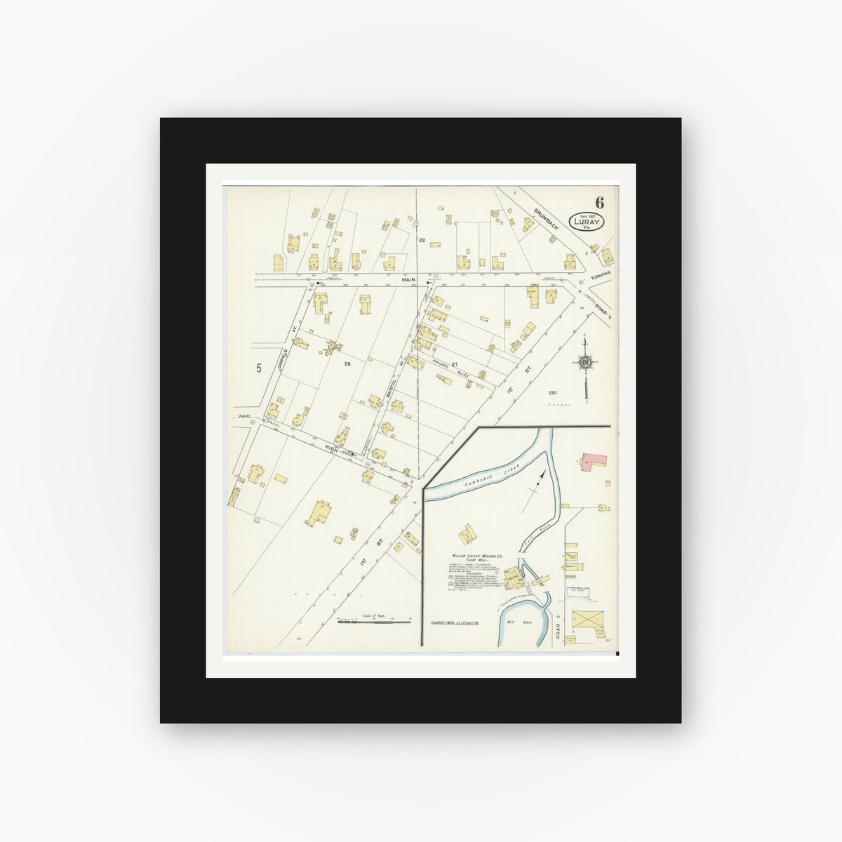 Old map wall art mockup — black gallery frame with white mat — Sanborn Fire Insurance Map from Luray, Page County, Virginia (1912), Sheet #0006