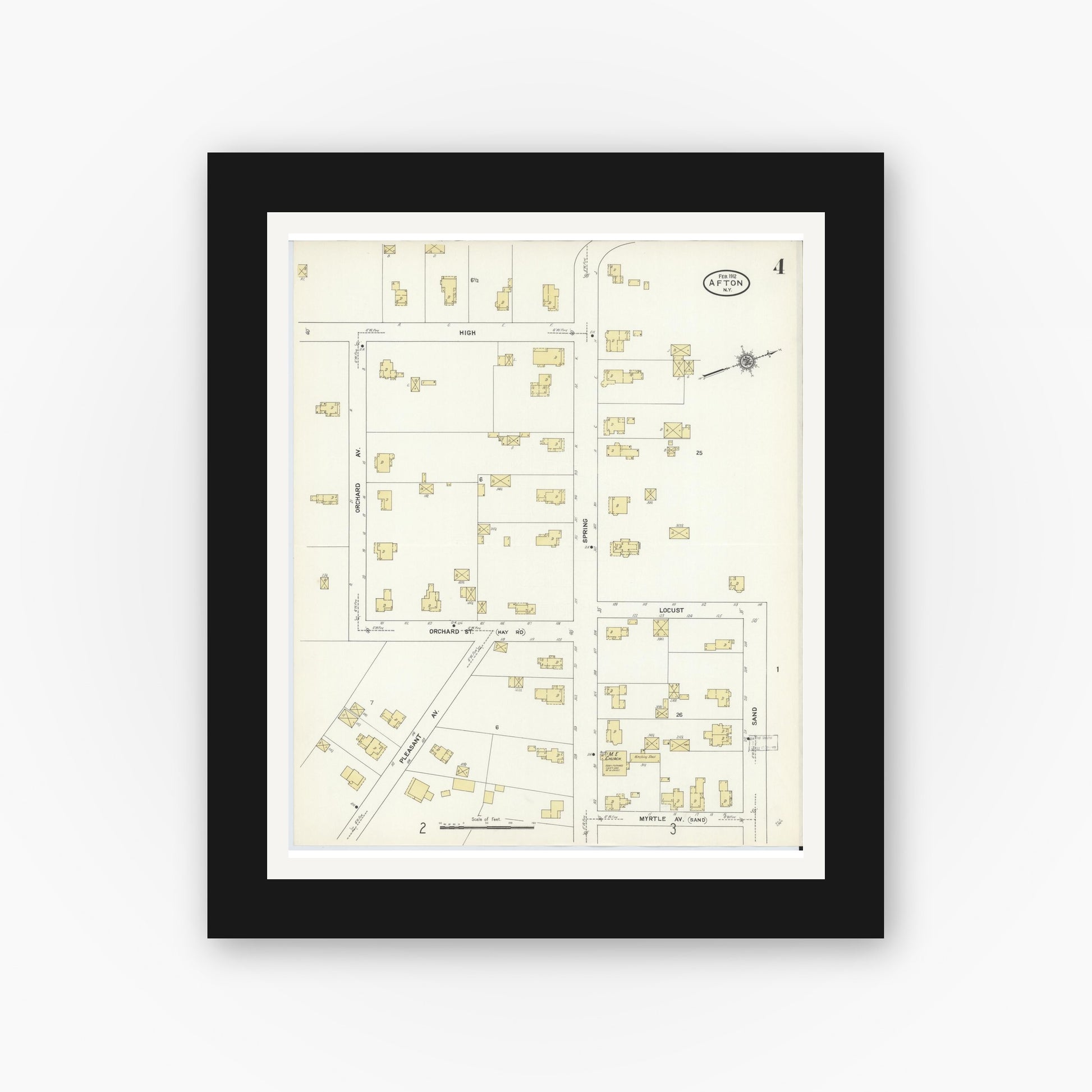 Old map wall art mockup — black gallery frame with white mat — Sanborn Fire Insurance Map from Afton, Chenango County, New York (1912), Sheet #0004