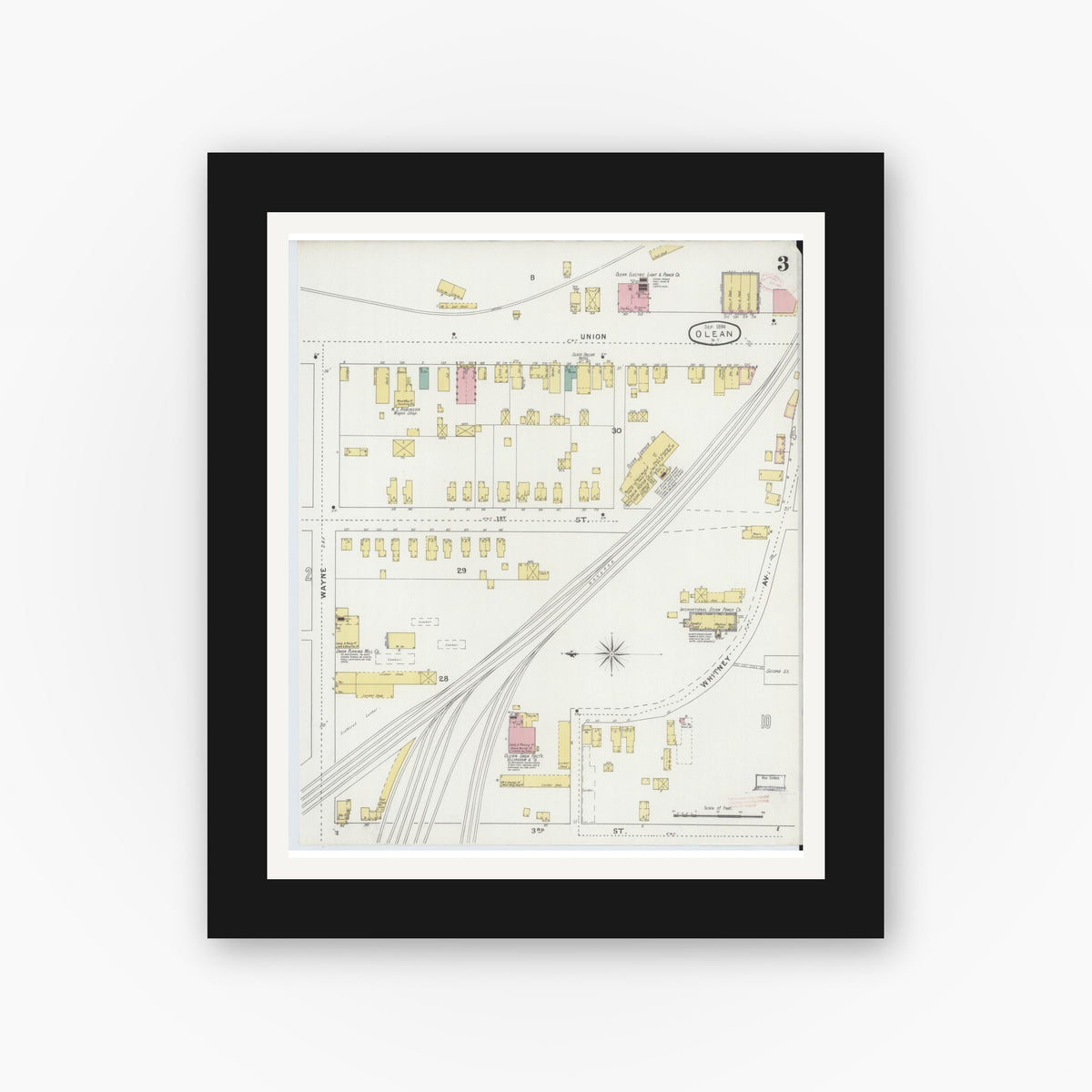 Old map wall art mockup — black gallery frame with white mat — Sanborn Fire Insurance Map from Olean, Cattaraugus County, New York (1894), Sheet #0003