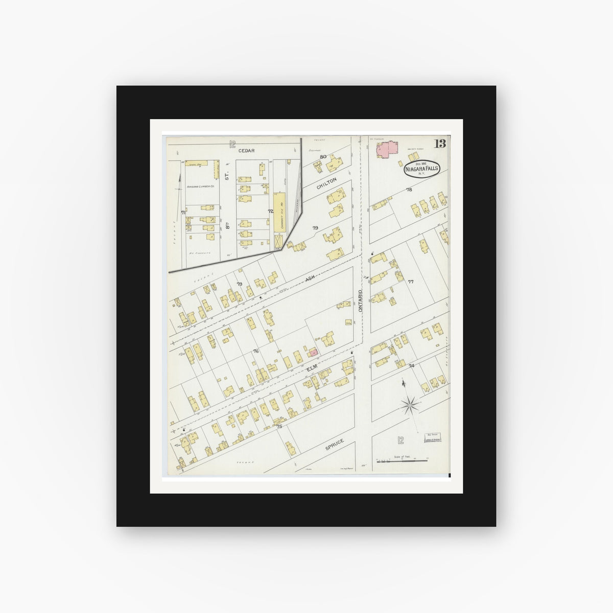 Old map wall art mockup — black gallery frame with white mat — Sanborn Fire Insurance Map from Niagara Falls, Niagara County, New York (1892), Sheet #0013