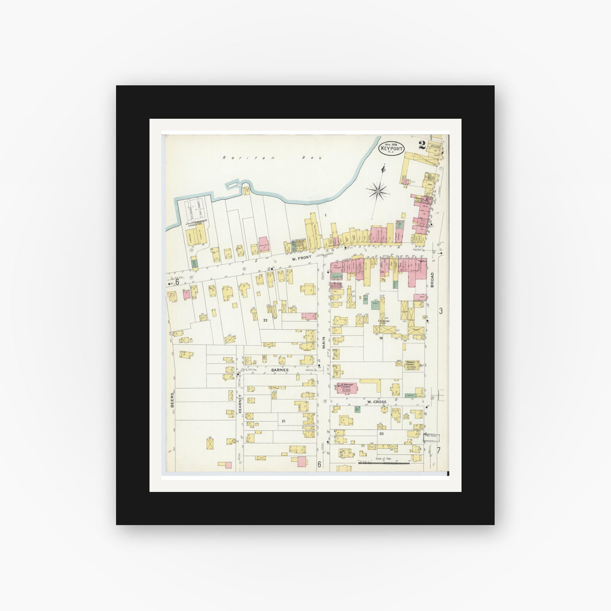 Old map wall art mockup — black gallery frame with white mat — Sanborn Fire Insurance Map from Keyport, Monmouth County, New Jersey (1908), Sheet #0002