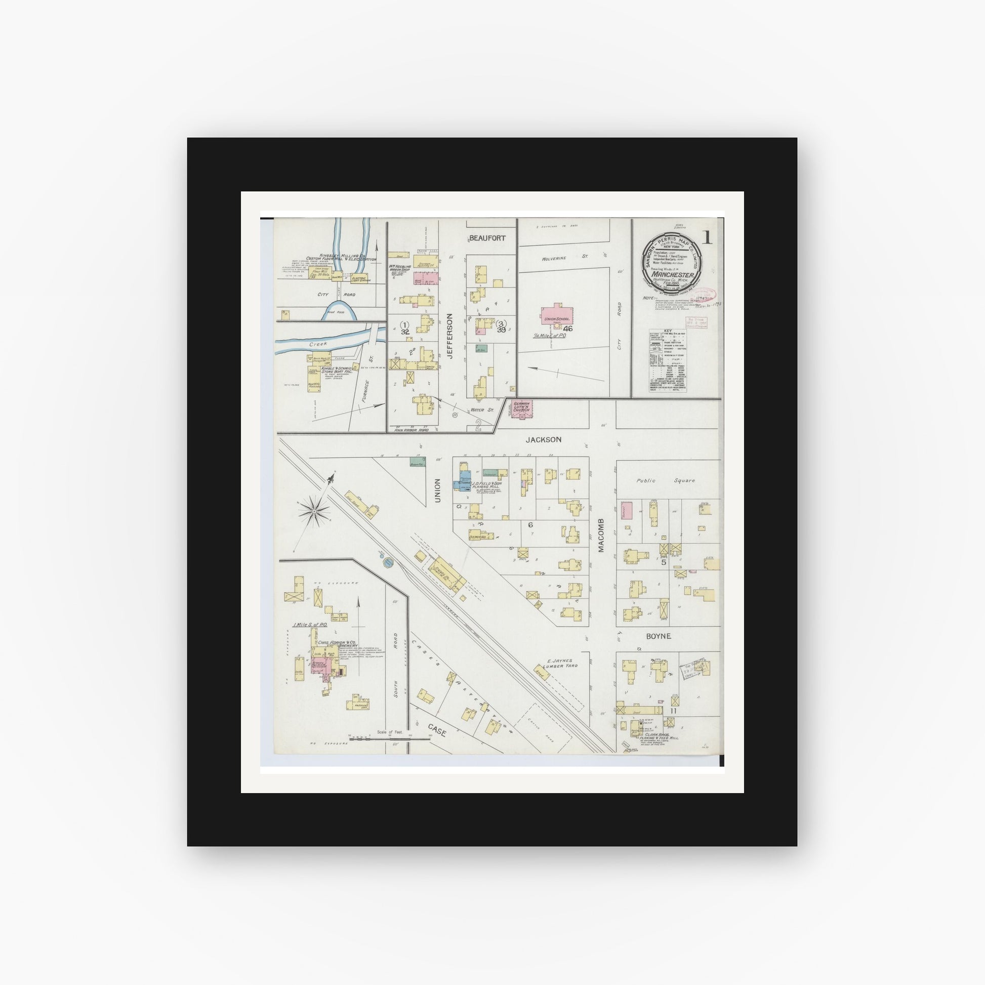 Old map wall art mockup — black gallery frame with white mat — Sanborn Fire Insurance Map from Manchester, Washtenaw County, Michigan (1893), Sheet #0001