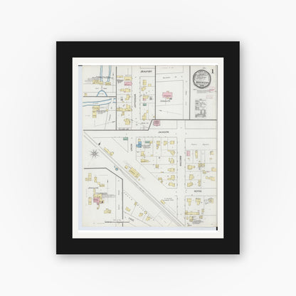Old map wall art mockup — black gallery frame with white mat — Sanborn Fire Insurance Map from Manchester, Washtenaw County, Michigan (1893), Sheet #0001