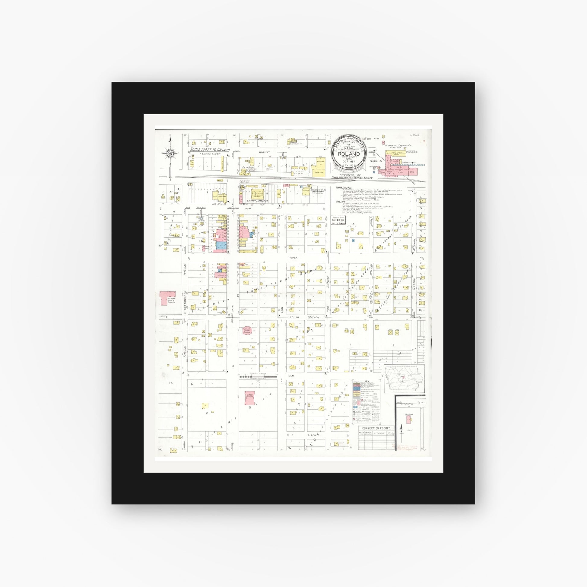 Old map wall art mockup — black gallery frame with white mat — Sanborn Fire Insurance Map from Roland, Story County, Iowa (1934), Sheet #0001