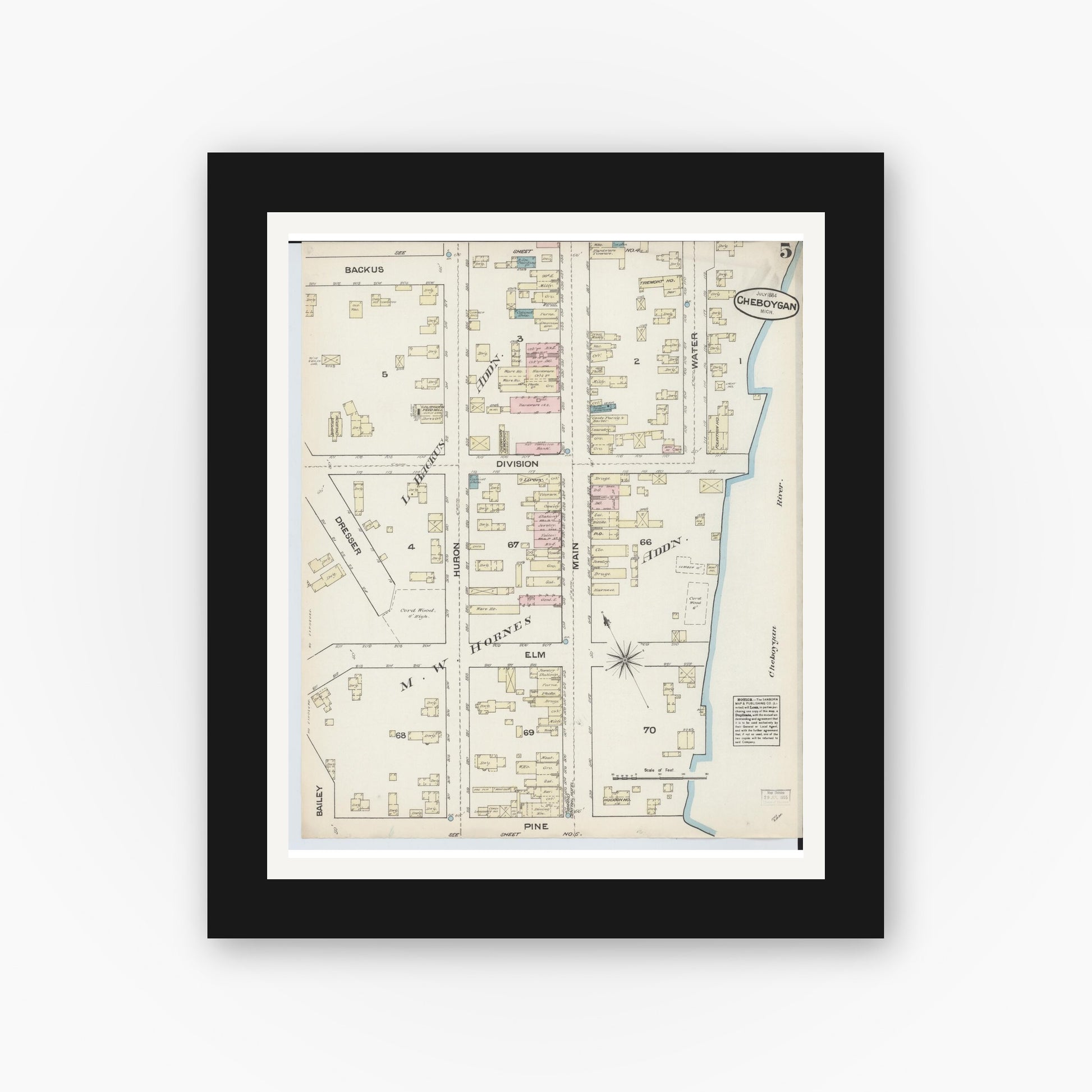 Old map wall art mockup — black gallery frame with white mat — Sanborn Fire Insurance Map from Cheboygan, Cheboygan County, Michigan (1884), Sheet #0005