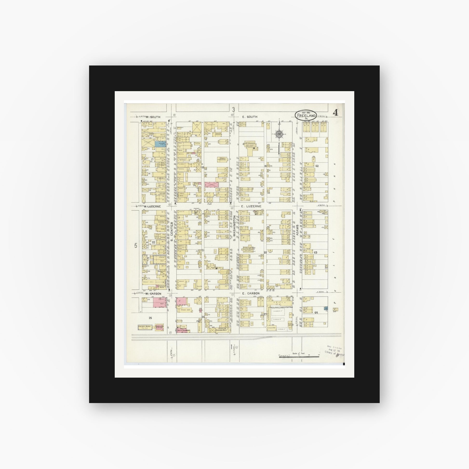 Old map wall art mockup — black gallery frame with white mat — Sanborn Fire Insurance Map from Freeland, Luzerne County, Pennsylvania (1912), Sheet #0004