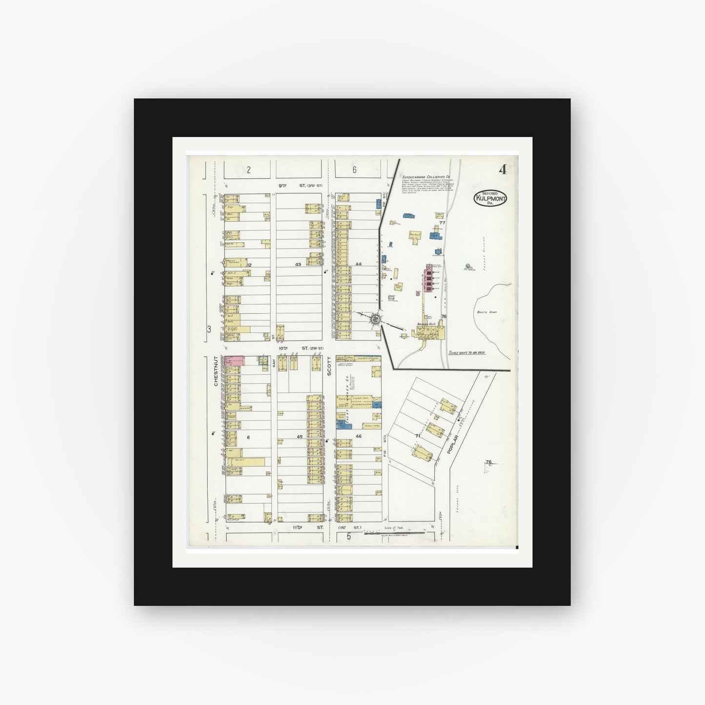 Old map wall art mockup — black gallery frame with white mat — Sanborn Fire Insurance Map from Kulpmont, Northumberland County, Pennsylvania (1920), Sheet #0004